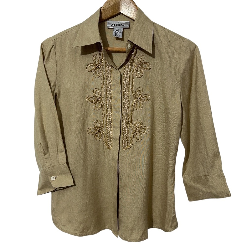 Alfani Womens Silk Linen Bld Beaded Shirt Size 2 Button Down Fall Casual